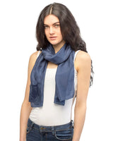 Woman wearing blue pure silk lightweight scarf in product ’Pure Silk Scarf Lightweight 100% Pure Silk Scarves for Unisex’