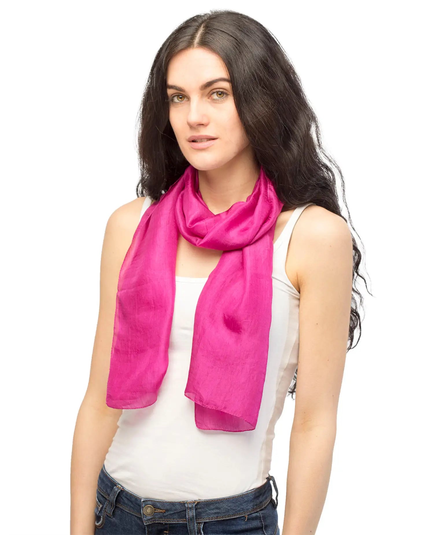 Woman wearing pink pure silk lightweight scarf