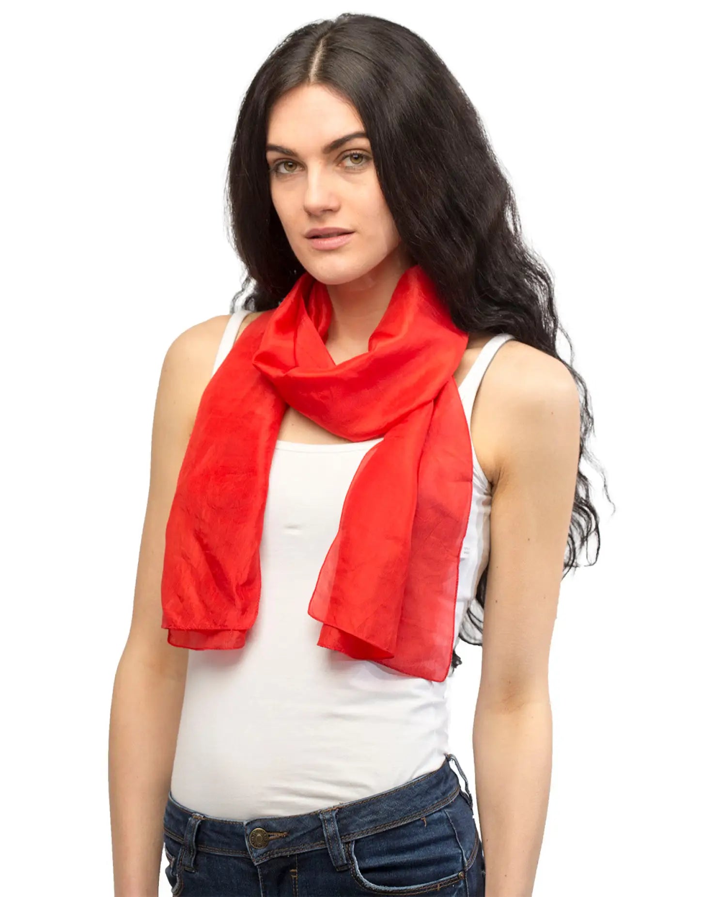 Red silk scarf accessory for women exhibited in Pure Silk Lightweight Unisex Scarves.
