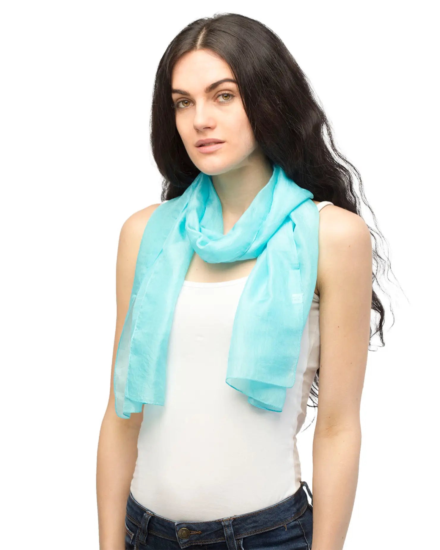 Woman wearing pure silk blue scarf of Silk Scarf Lightweight for Unisex