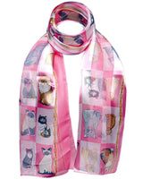 Pink cat print novelty neck scarf on display.