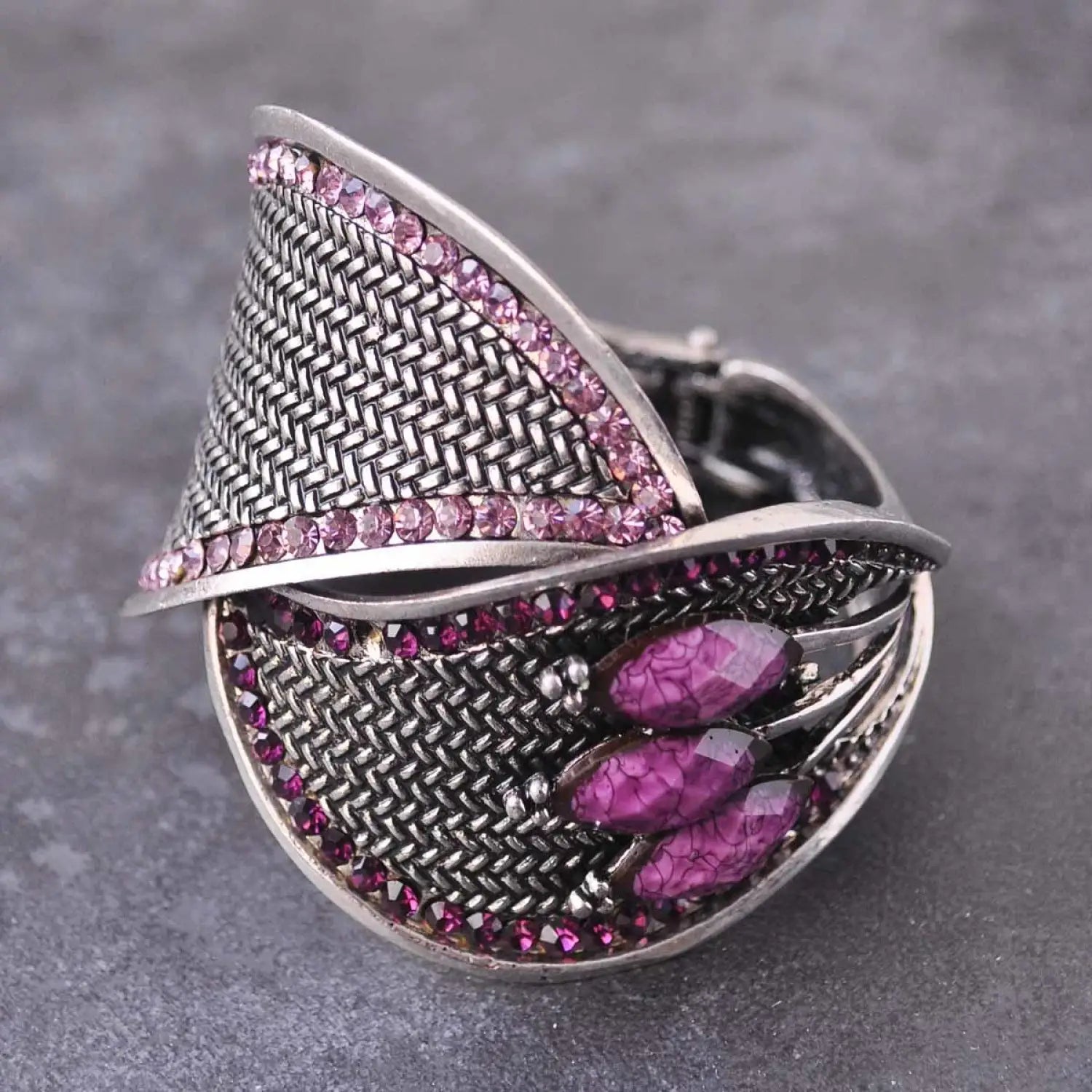 Silver bangle bracelet with pink stones and silver band - Wedding accessory.