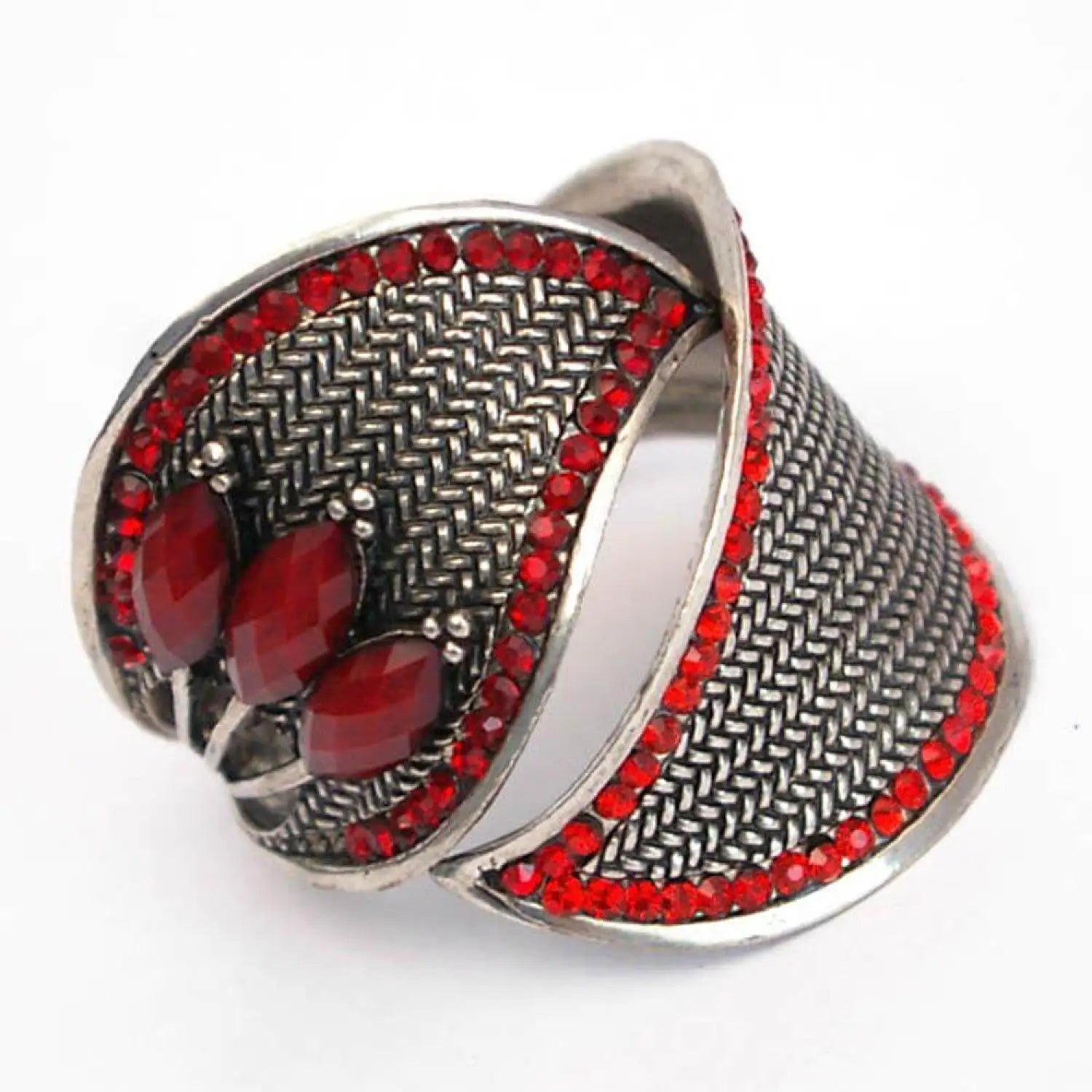 Silver bangle bracelet with red stone statement beads