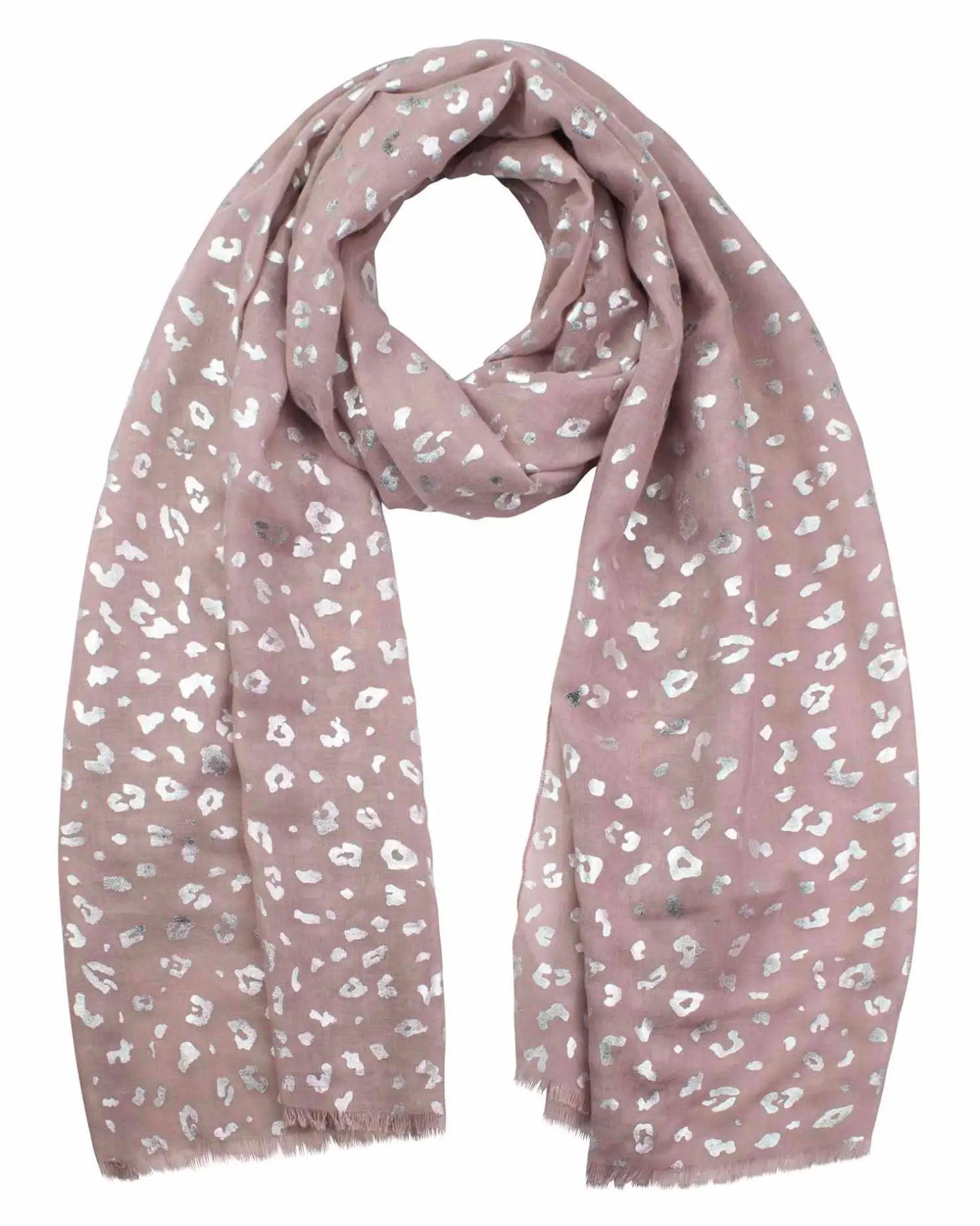 Pink heart scarf with silver foil leopard print.