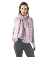 Woman wearing pink scarf with white hearts from Silver Foil Leopard Print Large Scarf.