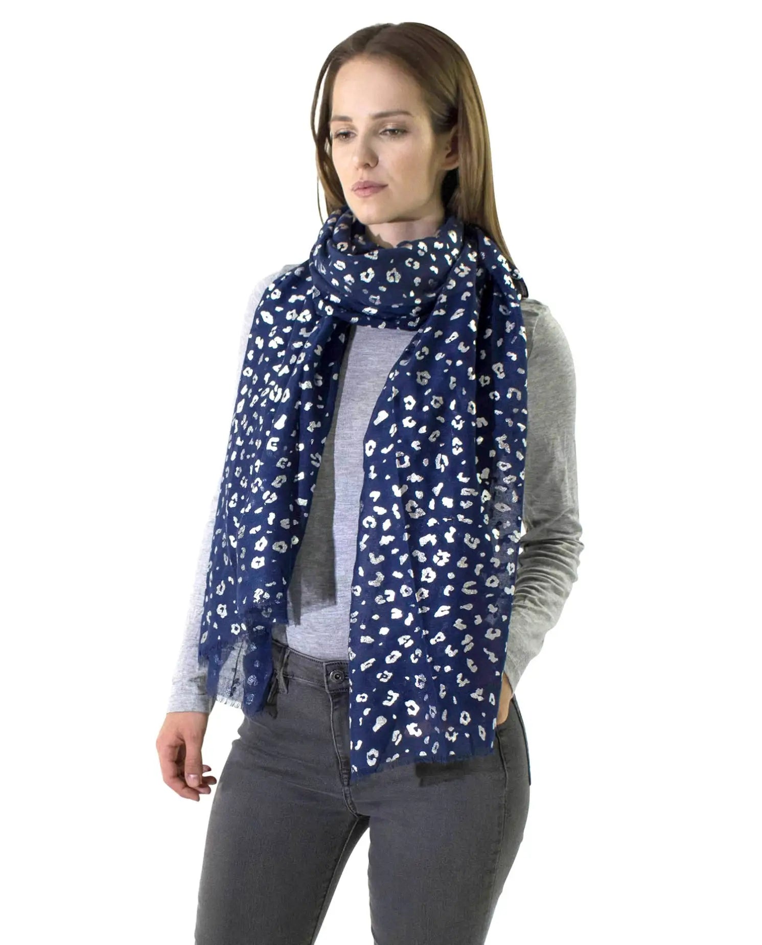 Silver Foil Leopard Print Large Scarf for Women.