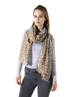 Woman wearing Silver Foil Leopard Print Large Scarf