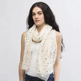 Woman wearing white scarf with gold foil, Silver Foil Triangle Print Oversized Scarf.