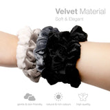 Black and white floral hair scrunchie on wrist, part of Skinny Velvet Hair Scrunchies set.