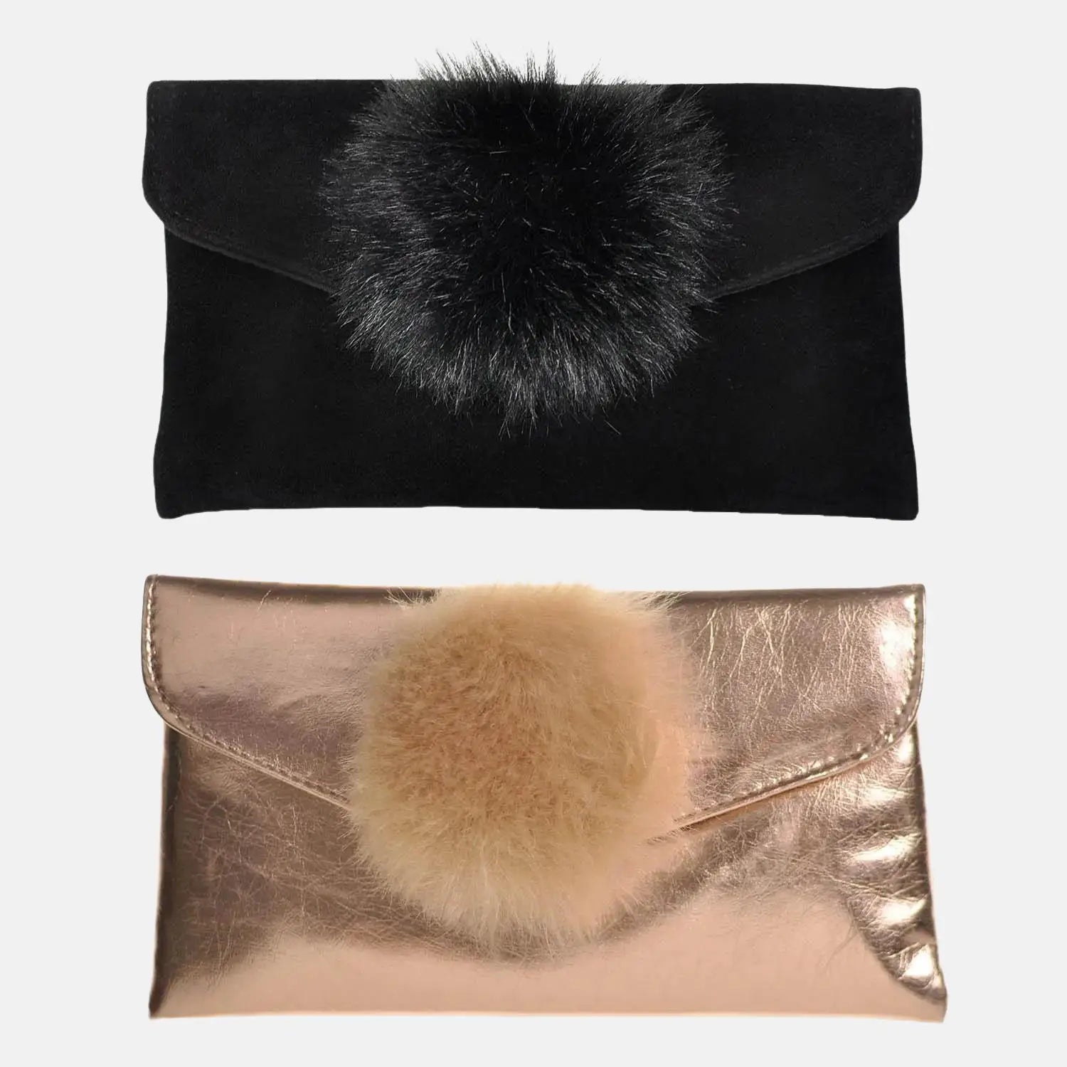 Close up of two PomPom clutch bags with pom poms on top, Small Envelope style