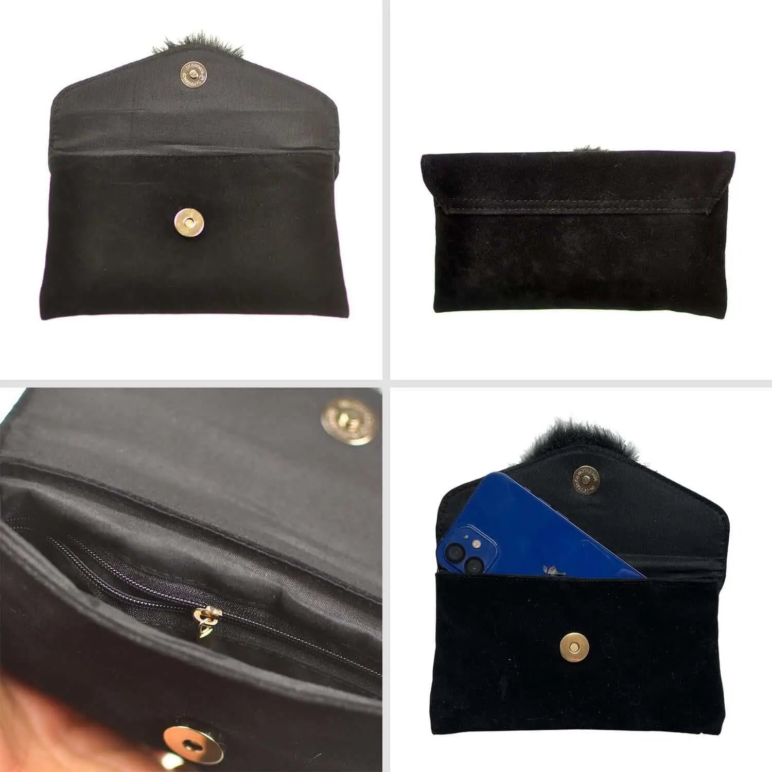 Small Envelope PomPom Clutch Bag with black purse, gold button, and blue card