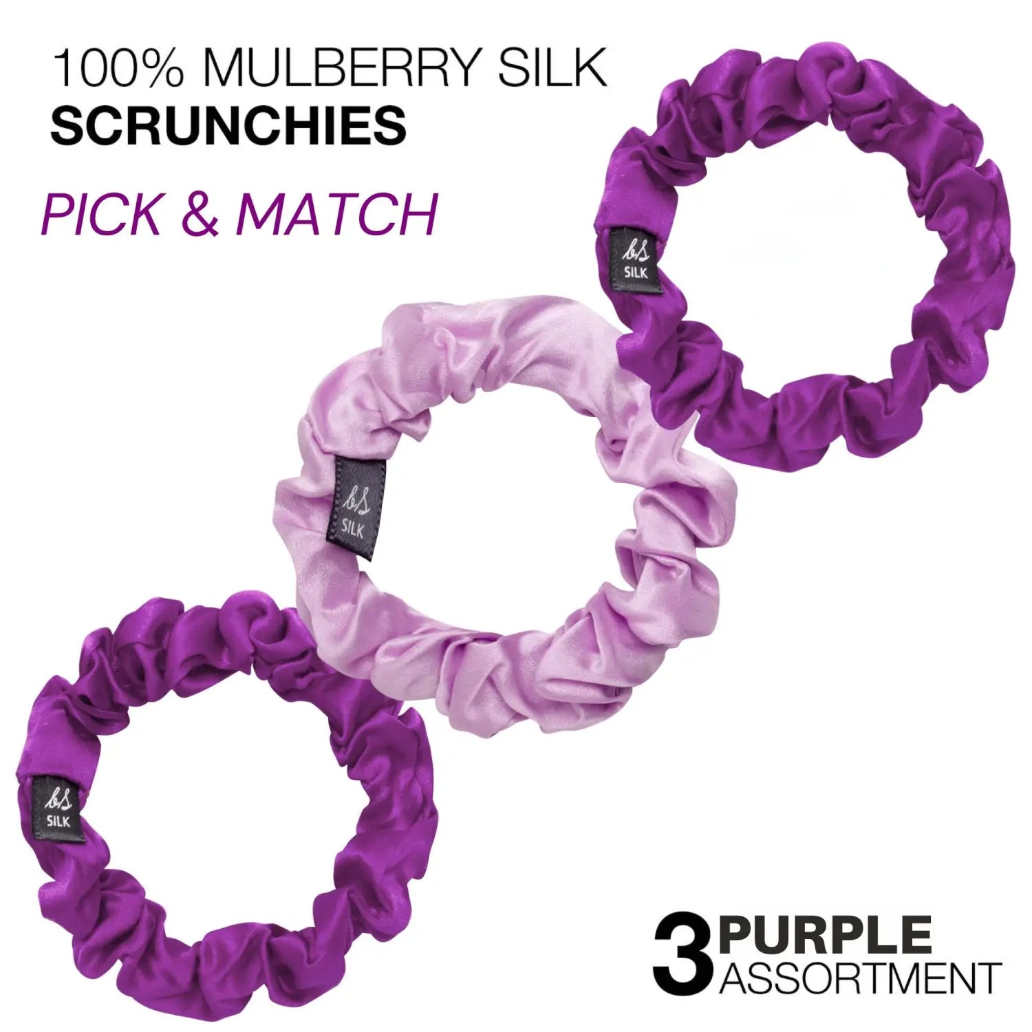 Three purple mulberry silk hair scrunchies with black tag, Small Skinny Mulberry Silk Hair Scrunchies - 3 Pack.