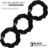 Black mulberry silk hair scrunchies with white logos - 3 pack