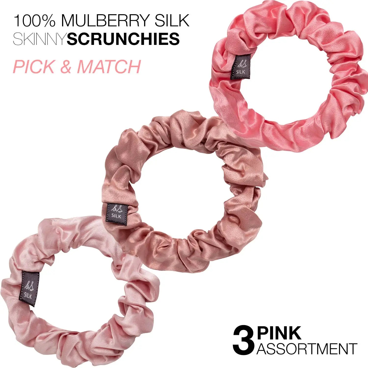 Two pink mulberry silk skinny hair scrunchies on a white background