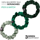 Green and white mulberry silk hair scrunchies with ribbon - Small Skinny Mulberry Silk Hair Scrunchies - 3 Pack.