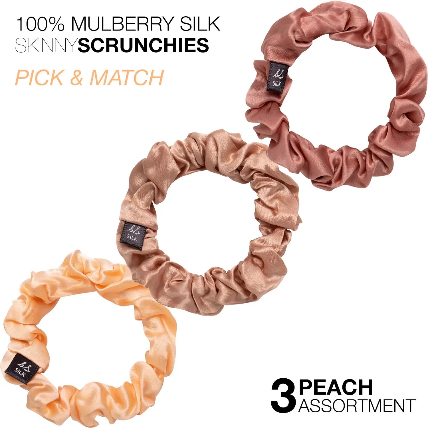 Three mulberry silk skinny hair scrunchies in pink and peach - Small Skinny Mulberry Silk Hair Scrunchies - 3 Pack.