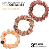 Three mulberry silk skinny hair scrunchies in pink and peach - Small Skinny Mulberry Silk Hair Scrunchies - 3 Pack.