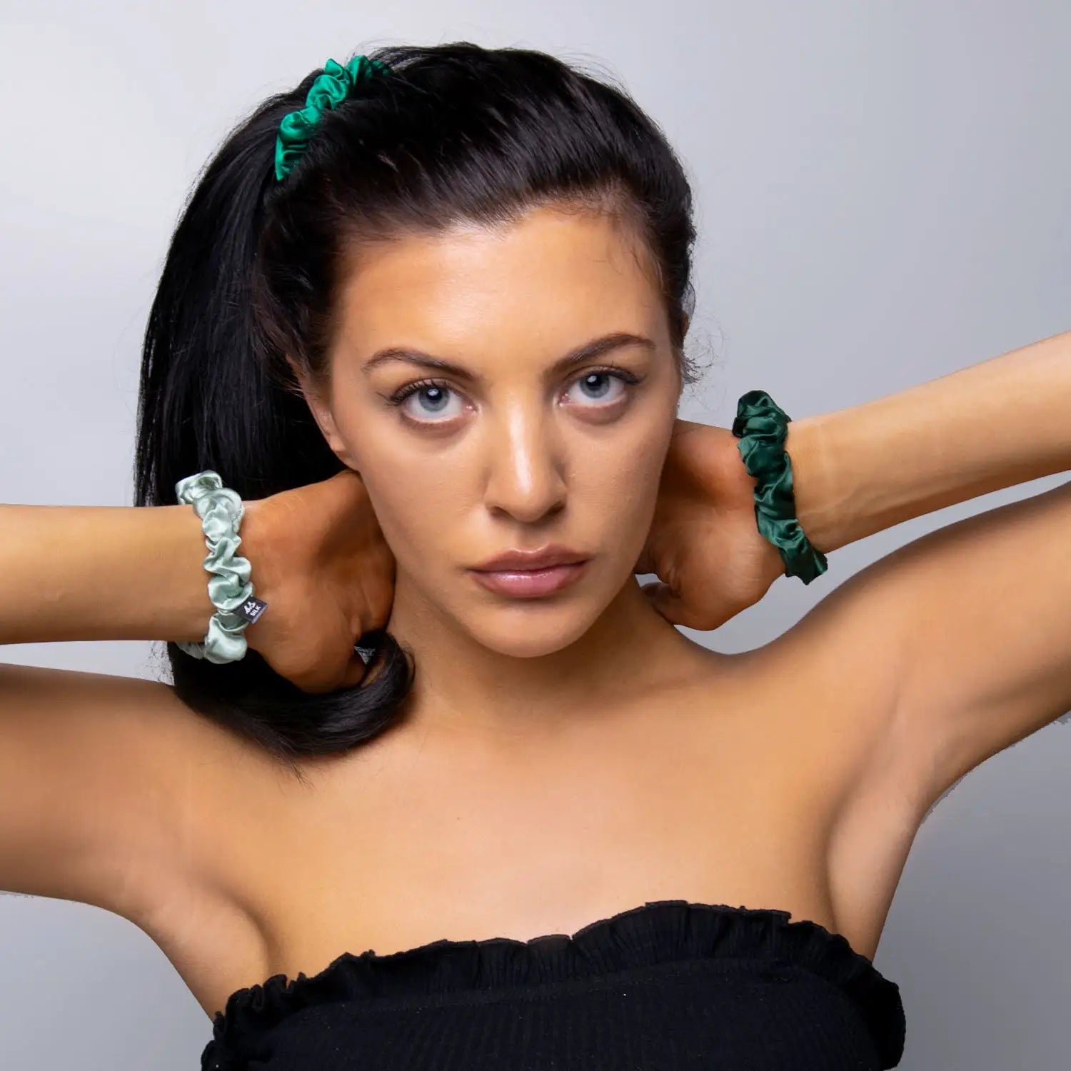 Woman wearing Small Skinny Mulberry Silk Hair Scrunchies with green hair ties