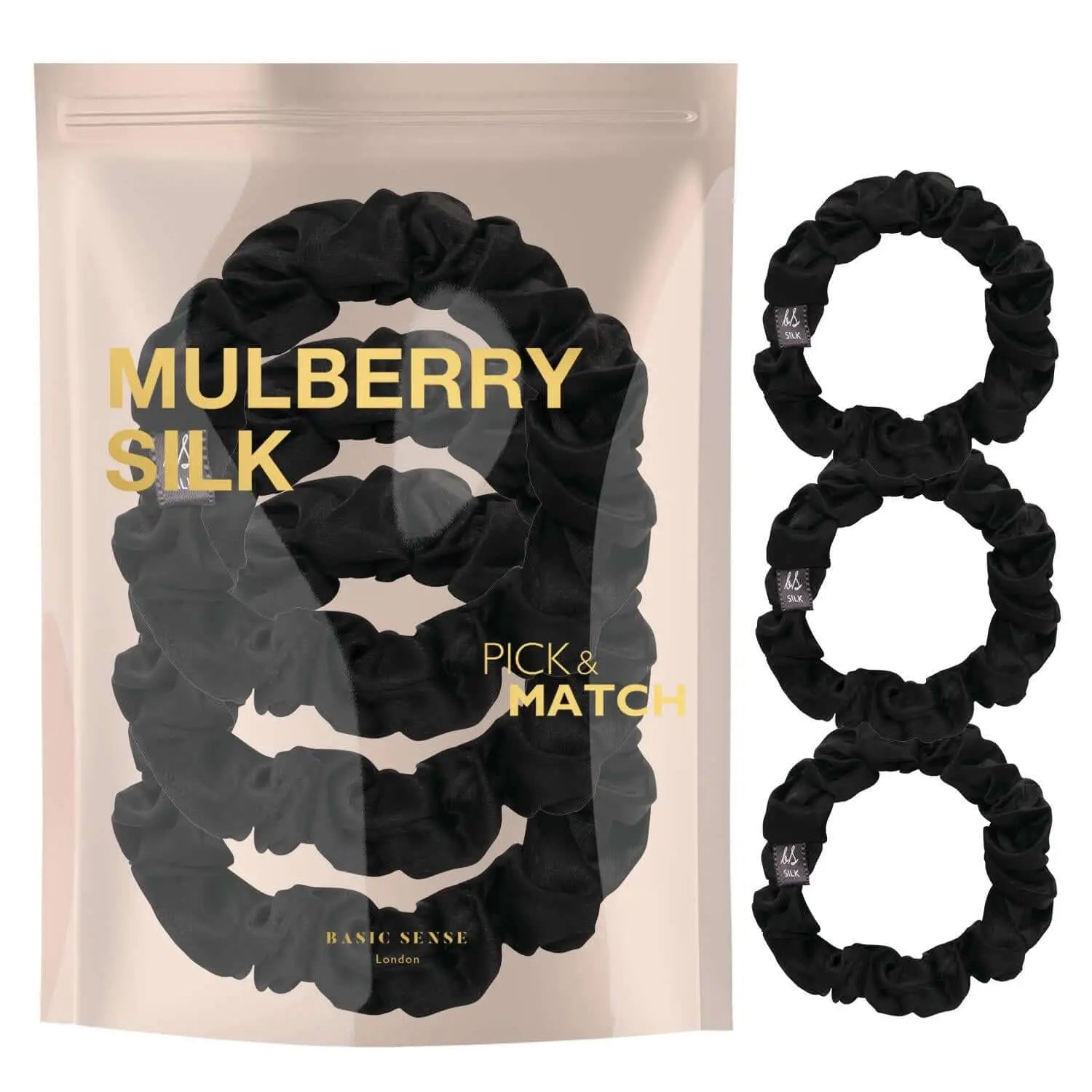 Mulberry silk skinny hair scrunchies - close up of 3 pack