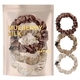 Close up of Small Skinny Mulberry Silk Hair Scrunchies - 3 Pack with mulberry silk bag and hair ties