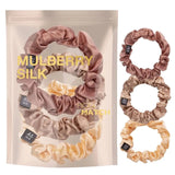 Small Skinny Mulberry Silk Hair Scrunchies - 3 Pack with hair ties and silk bag