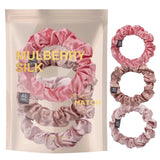 Small Skinny Mulberry Silk Hair Scrunchies - 3 Pack containing mulberry silk scrunchies and silk bag