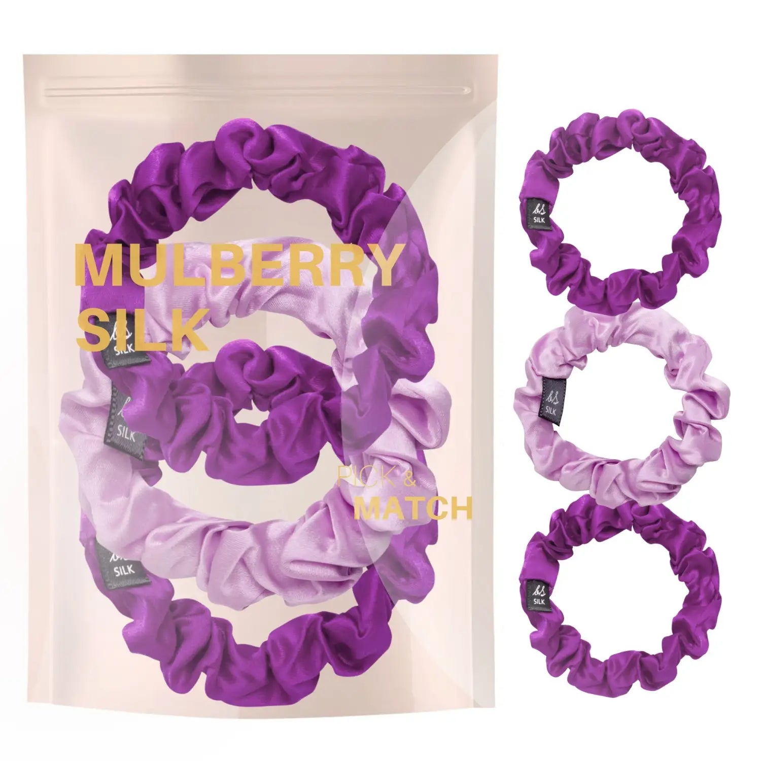 Small Skinny Mulberry Silk Hair Scrunchies - 3 Pack - Close-up of scrunchies and silk bag