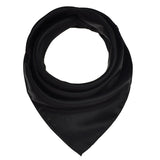 Sleek black satin square scarf on white background.