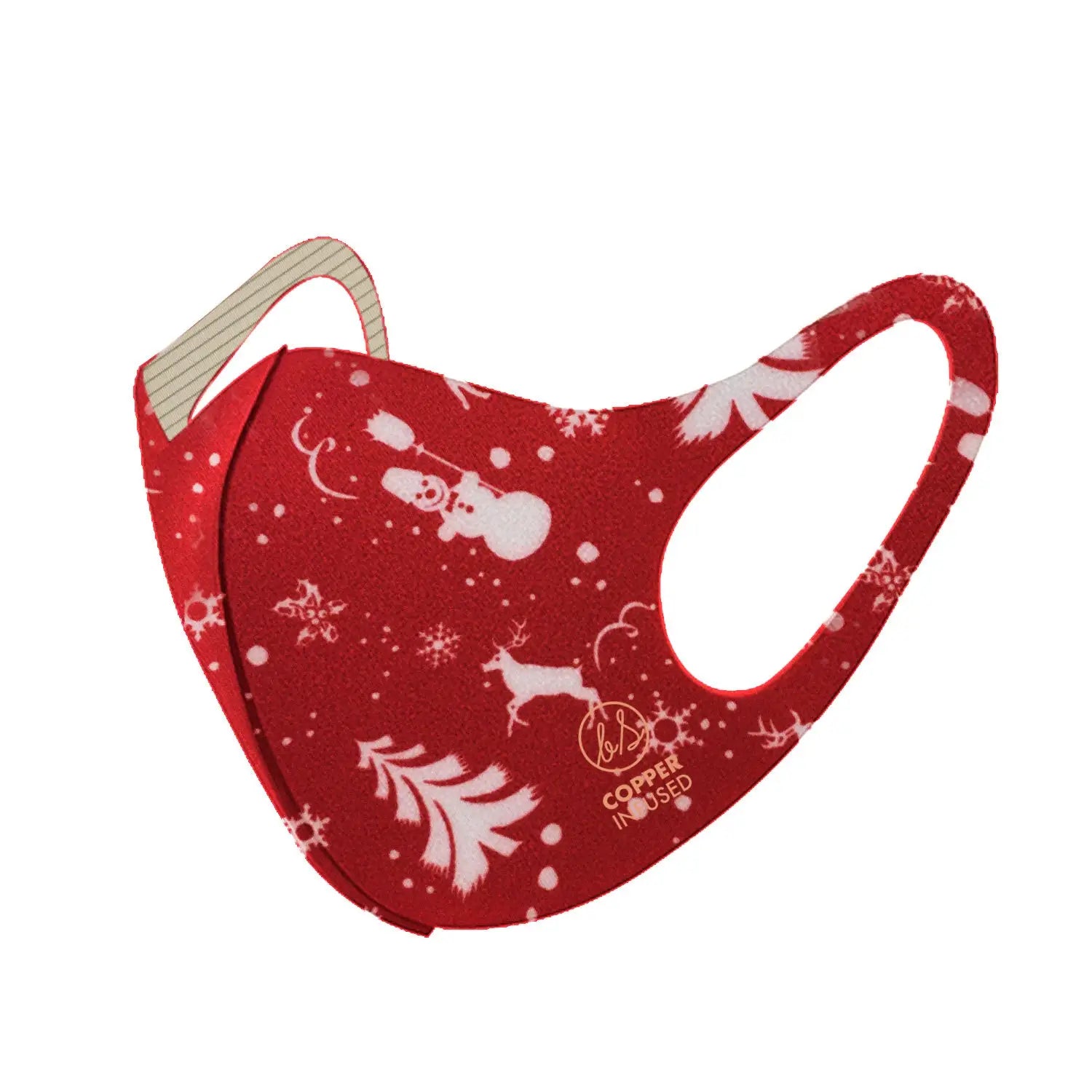 Snow Reindeer Christmas Red and White Print Copper-Infused Face Mask Covering.