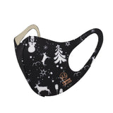 Snow Reindeer Christmas Copper-Infused Face Mask Covering with White Reindeers and Snowflakes on Black and White Background