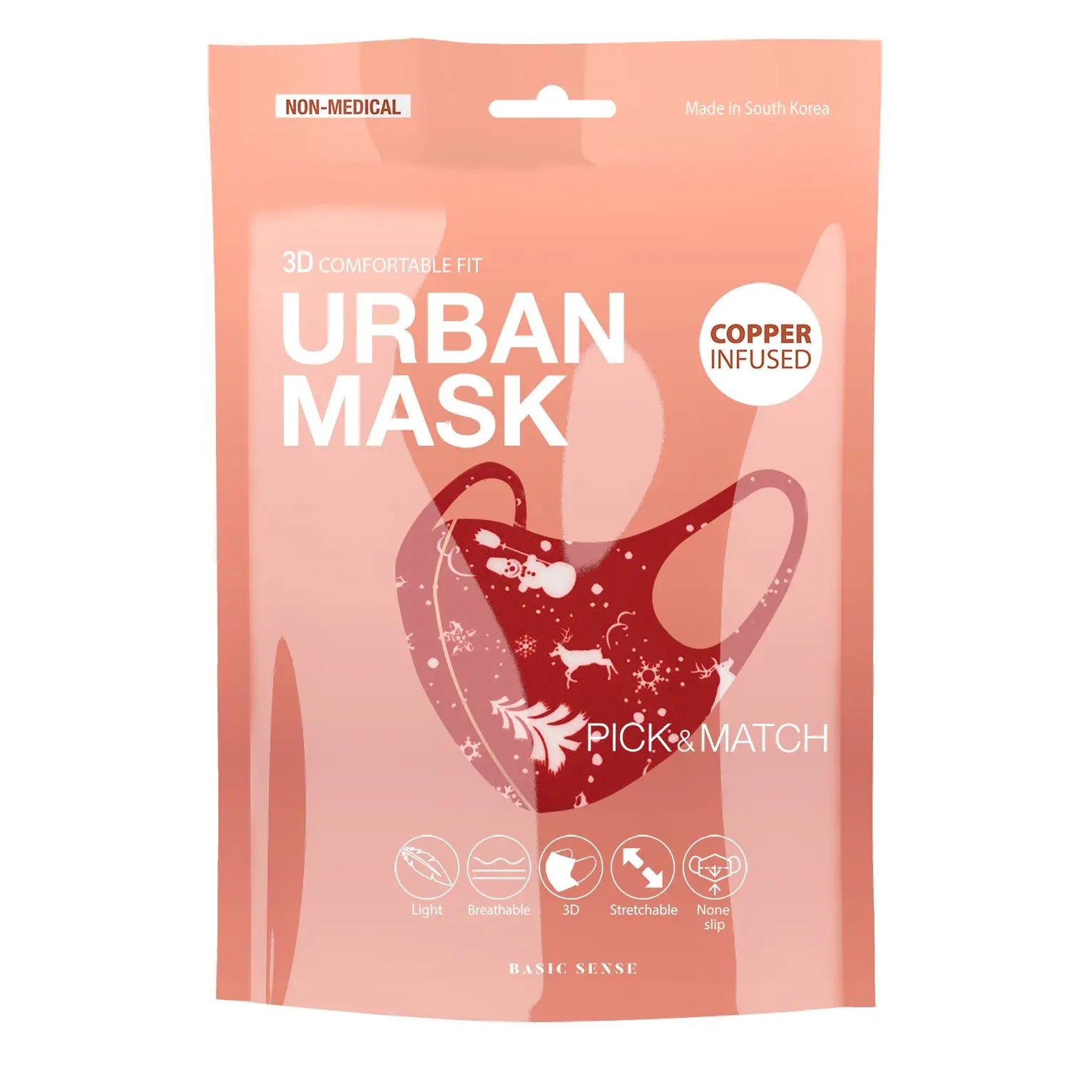 Snow Reindeer Christmas Copper-Infused Face Mask Covering - Red design bag of face masks