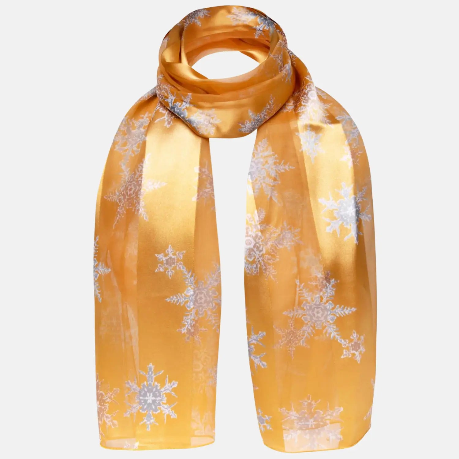 Yellow snowflakes satin scarf perfect for Christmas with gold accents.