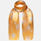 Yellow snowflakes satin scarf perfect for Christmas with gold accents.