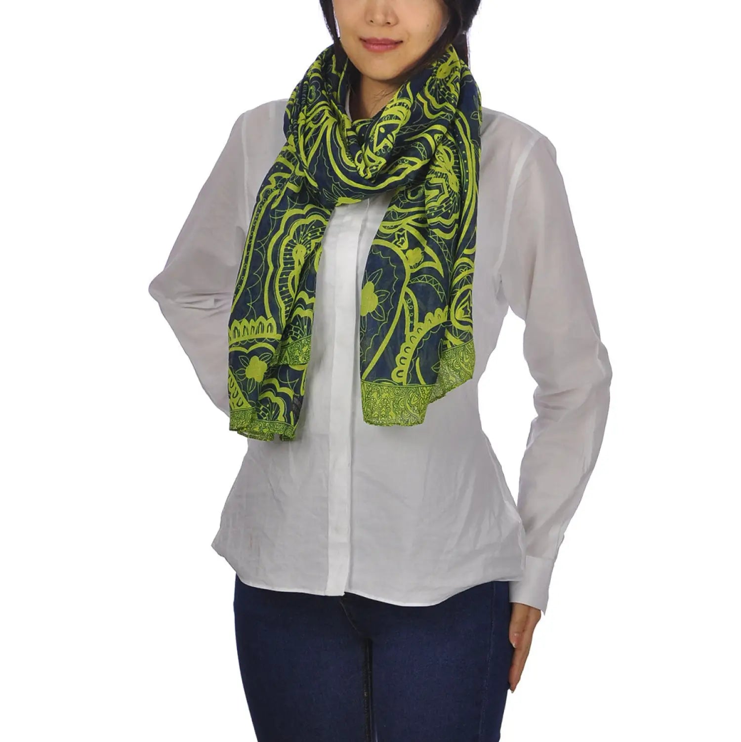 Aztec print oversized pashmina scarf displayed on woman