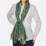 Woman wearing white shirt and green scarf, Soft Aztec Print Oversized Pashmina Scarf.