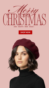 A soft burgundy beret with a smooth, slightly textured fabric worn by a model.