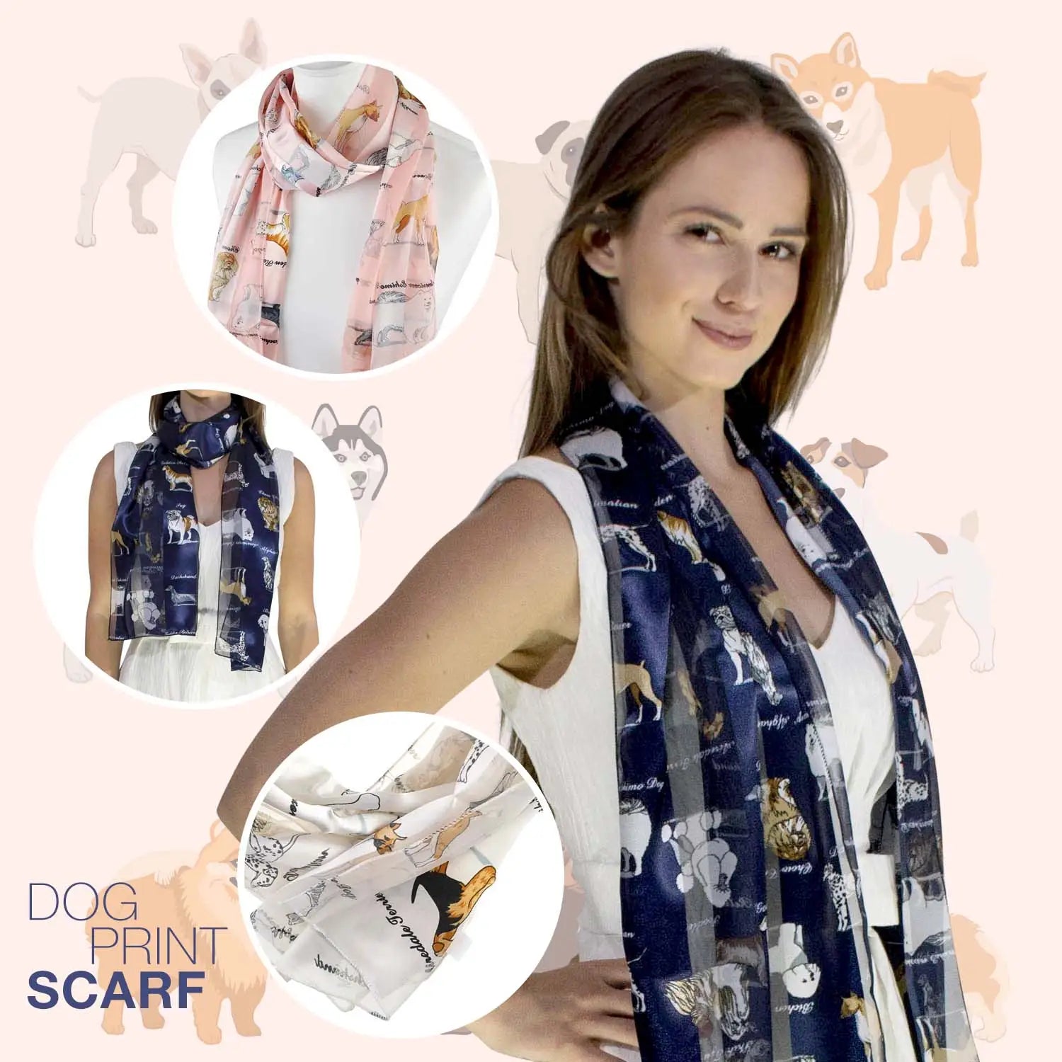 Soft Satin Multi Dog Breed Print Unisex Scarf featuring woman with a dog print scarf