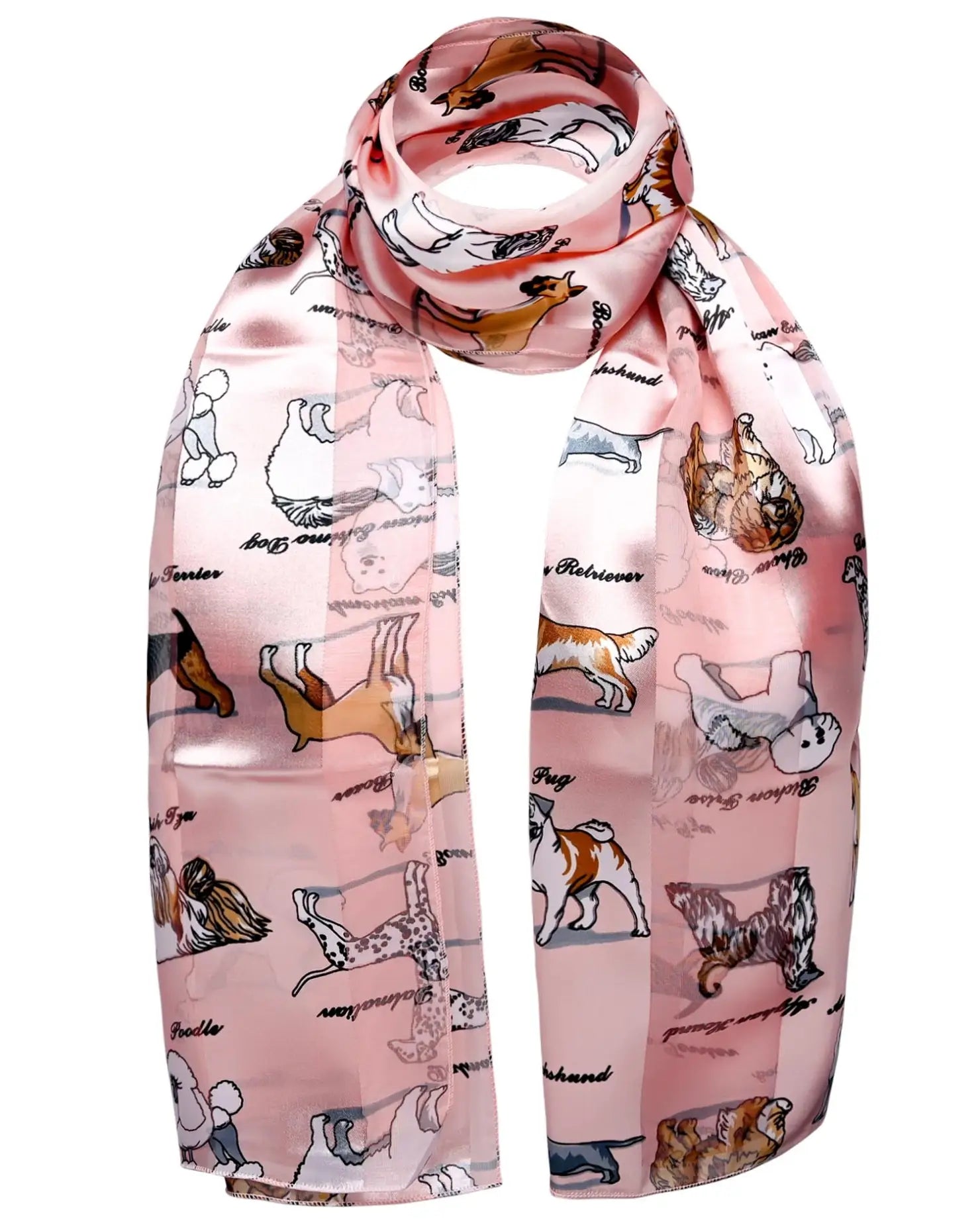 Pink scarf with cat pattern on Soft Satin Multi Dog Breed Print Unisex Scarf