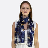 Soft Satin Multi Dog Breed Print Unisex Scarf - Woman wearing blue scarf with dog print