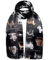 Soft Satin Multi Dog Breed Print Unisex Scarf featuring a black scarf with tiger print.
