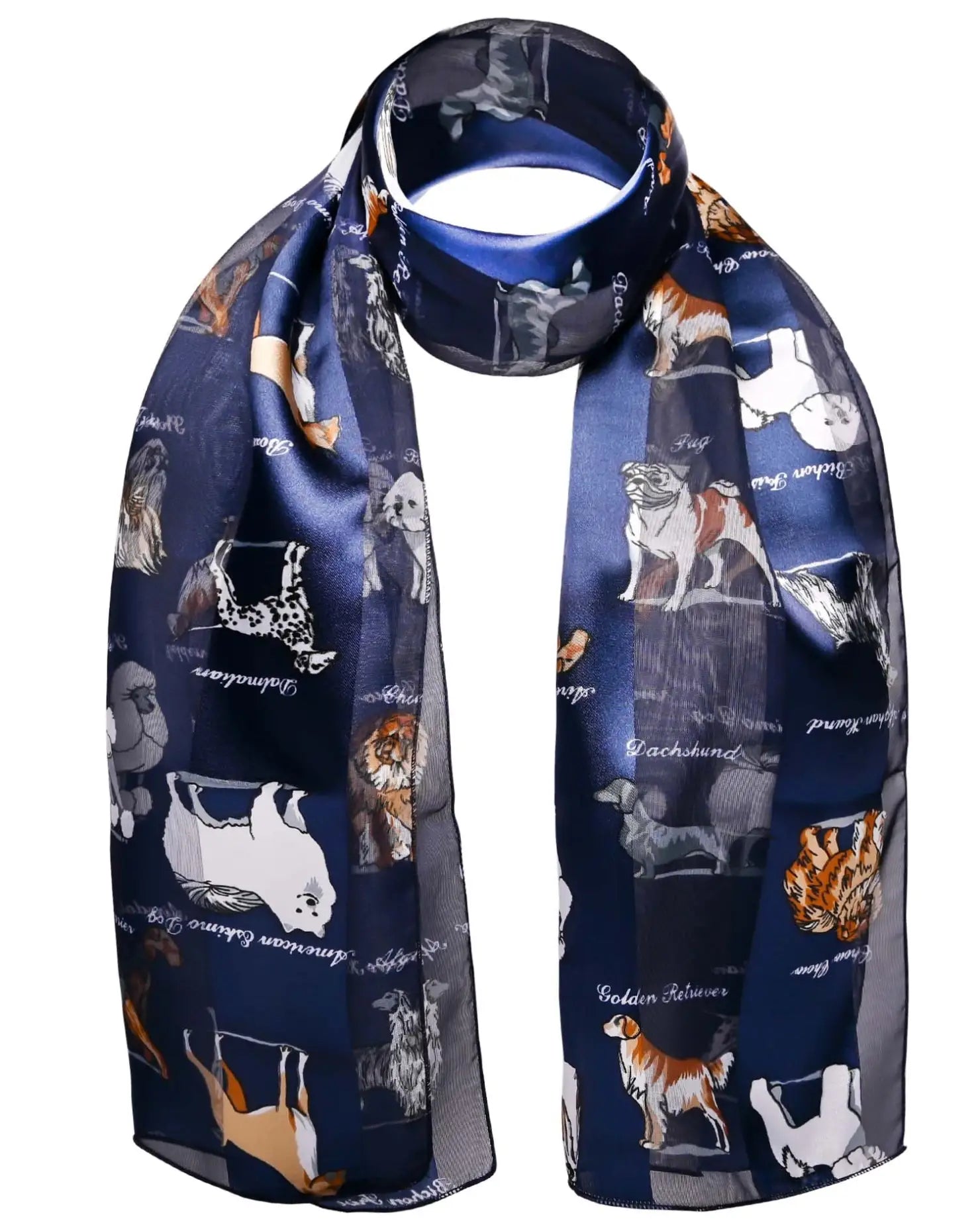 Blue scarf with cat pattern displayed in Soft Satin Dog Breed Print Unisex Scarf