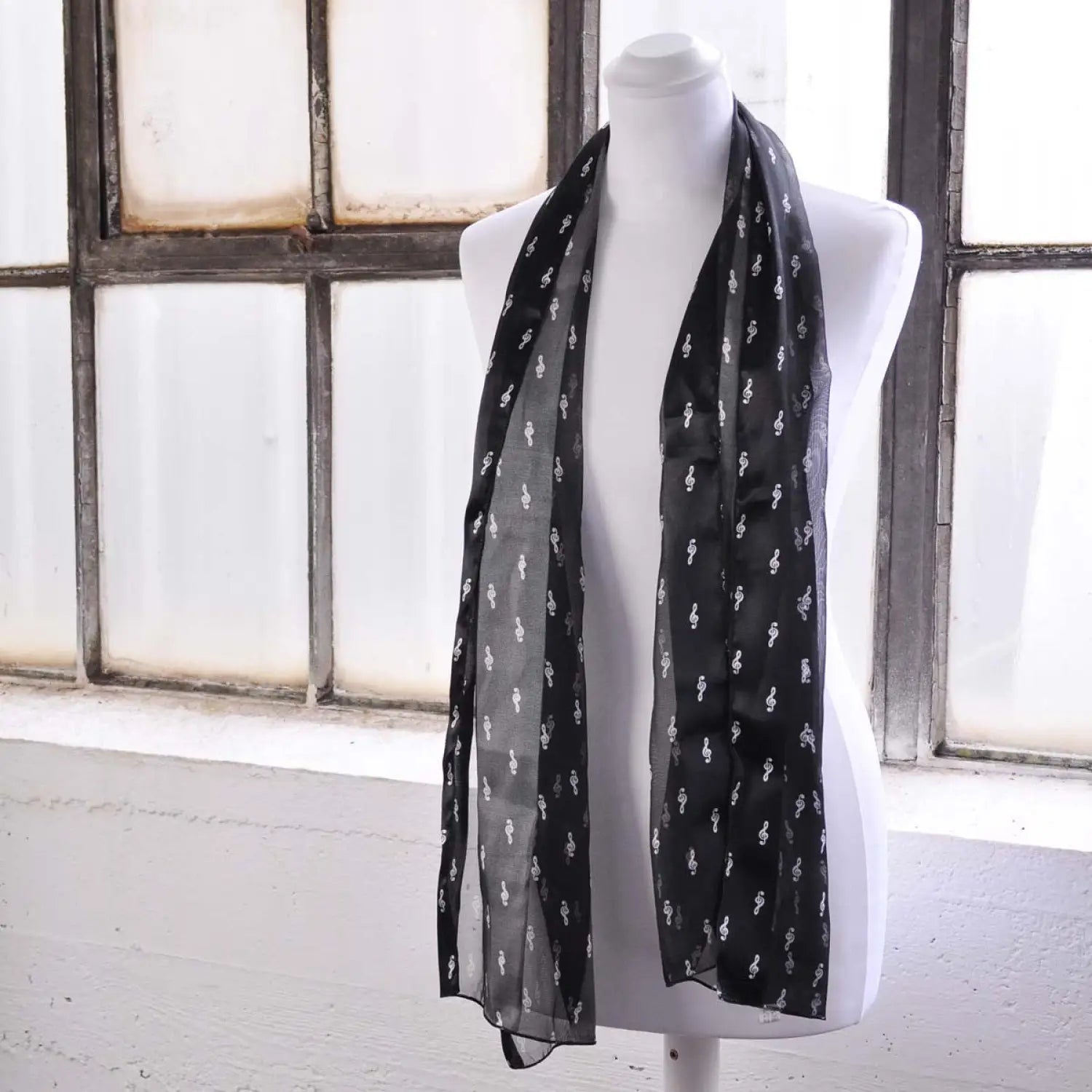 Soft satin stripe music note scarf with black and white flower pattern