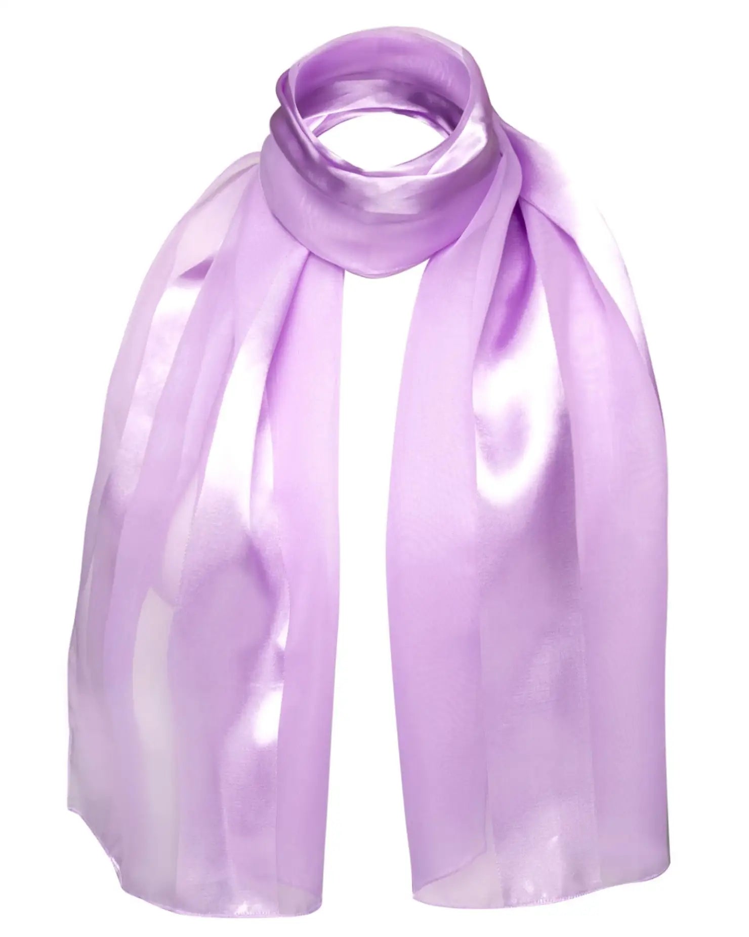 Purple satin stripe scarf on white background.