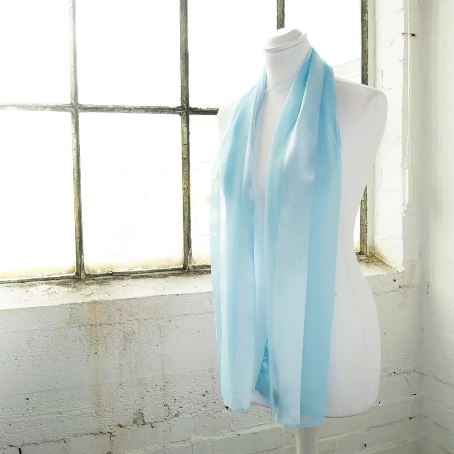 Light blue satin stripe scarf on mannequin - Solid Shimmering Satin Stripe Scarf - Lightweight