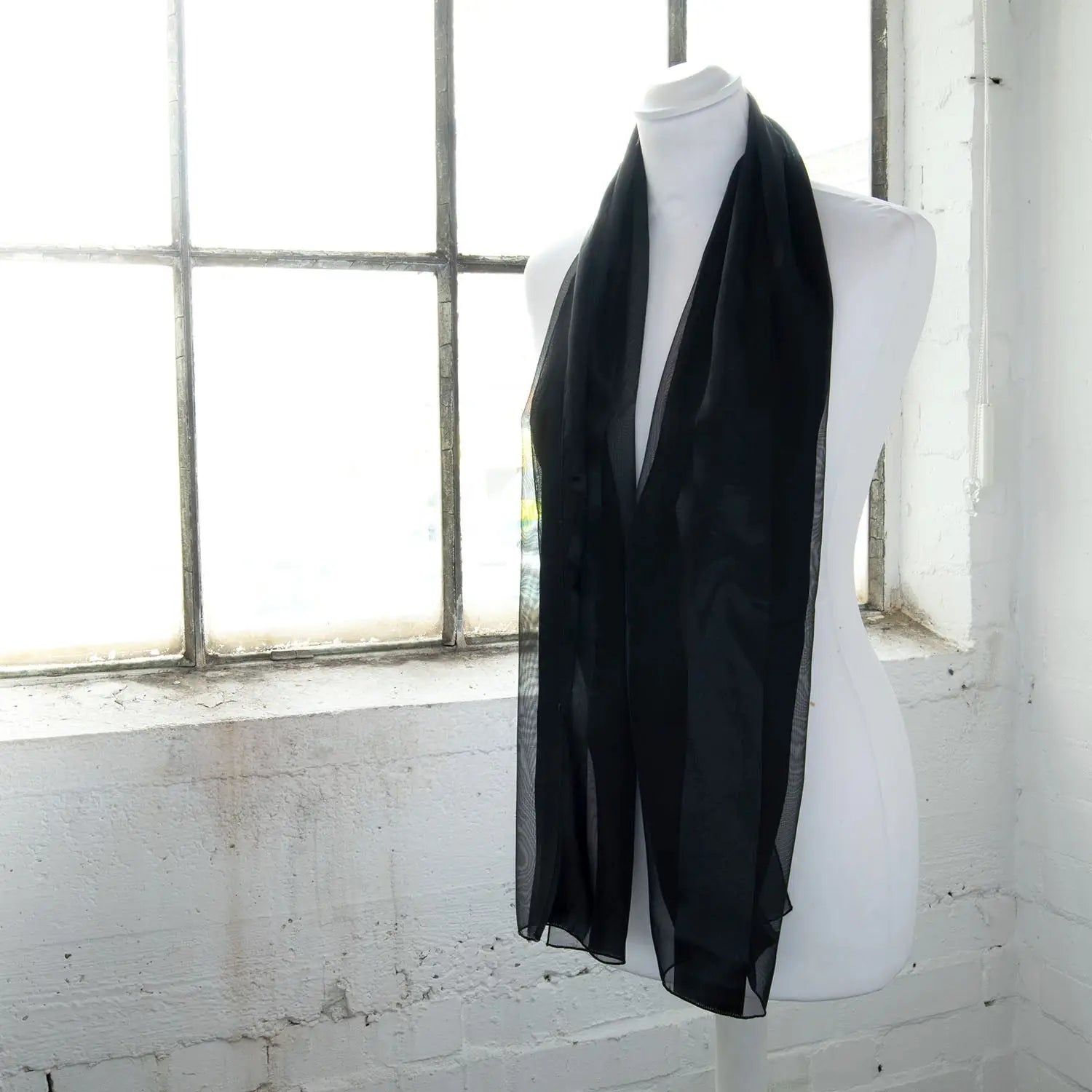 Black satin stripe scarf on mannequin - Solid Shimmering Lightweight Scarf