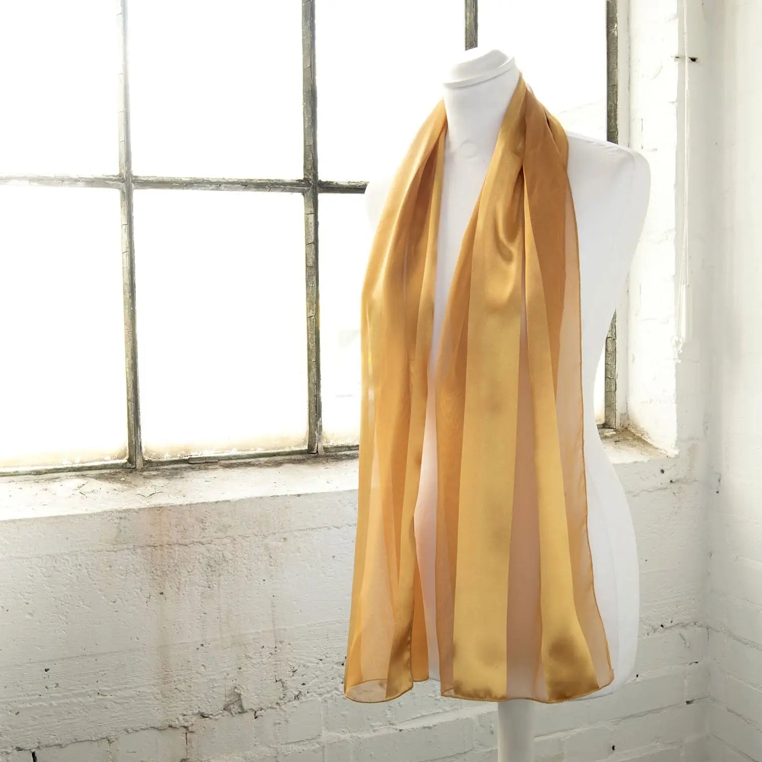 Yellow Satin Stripe Scarf on Mannequin - Lightweight Solid Shimmering