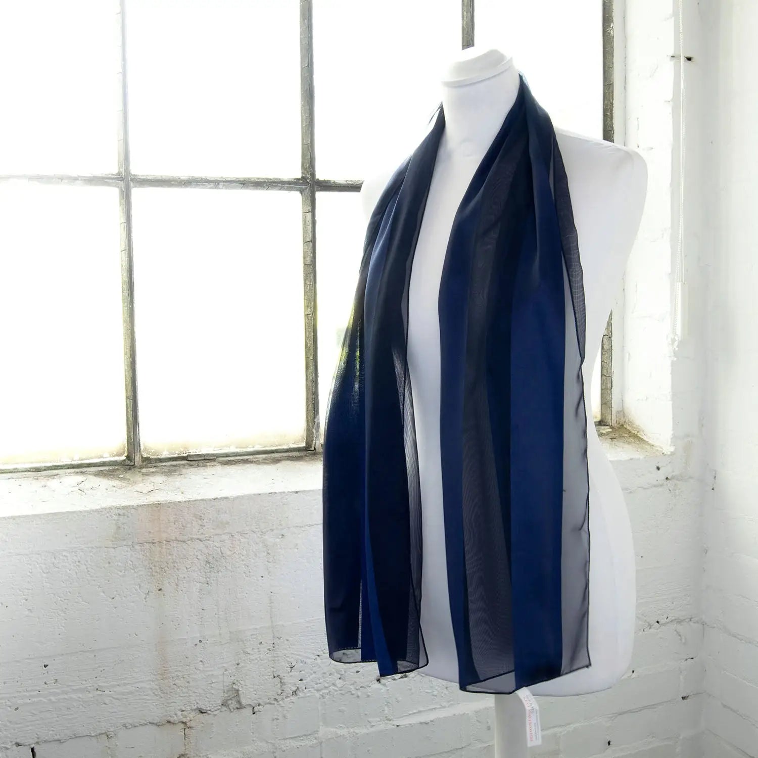 Blue satin stripe scarf on mannequin - Solid Shimmering Satin Stripe Scarf