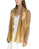 Solid Shimmering Satin Stripe Scarf - Lightweight: Woman wearing gold satin stripe scarf.
