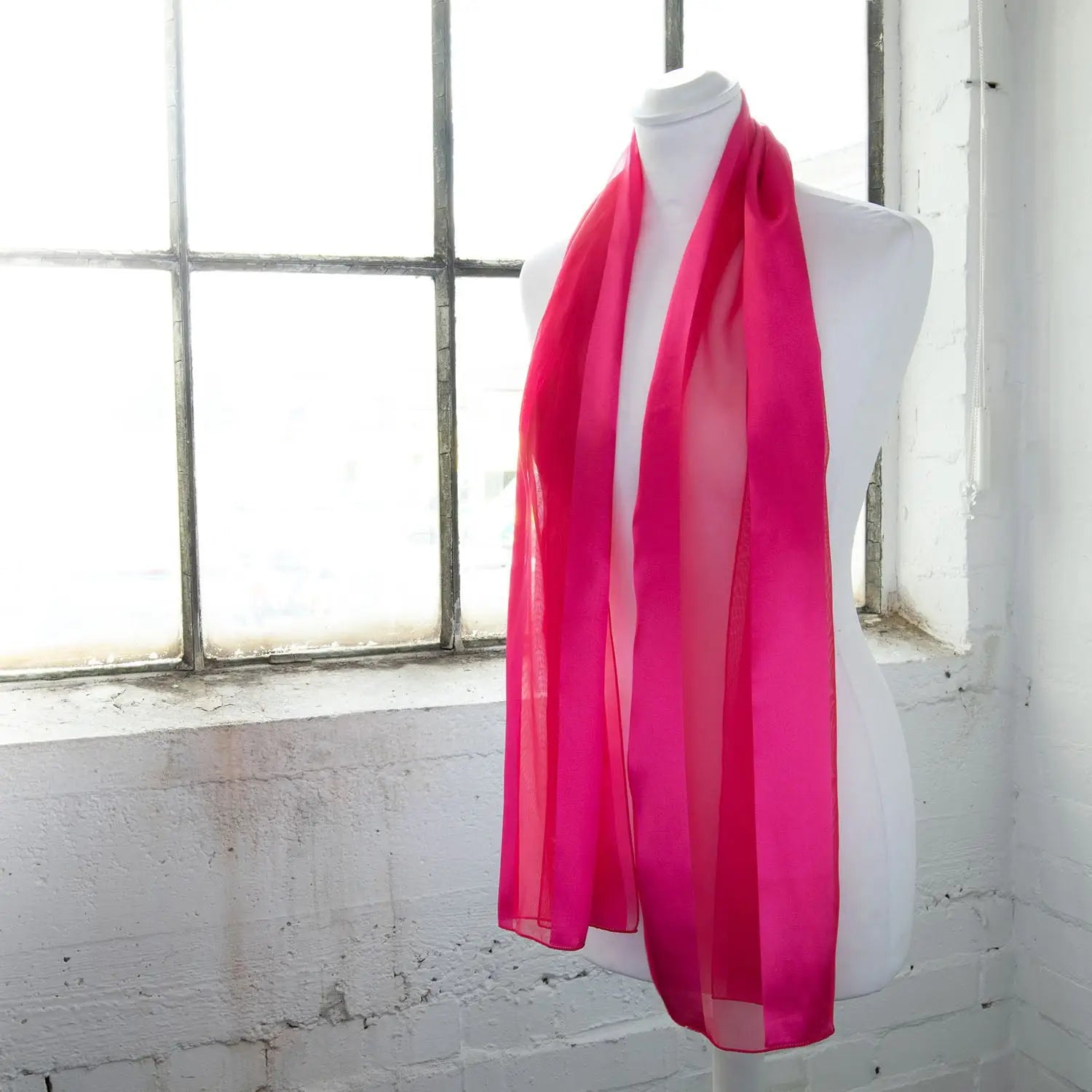 Pink satin stripe scarf on mannequin - Lightweight, Solid Shimmering textile