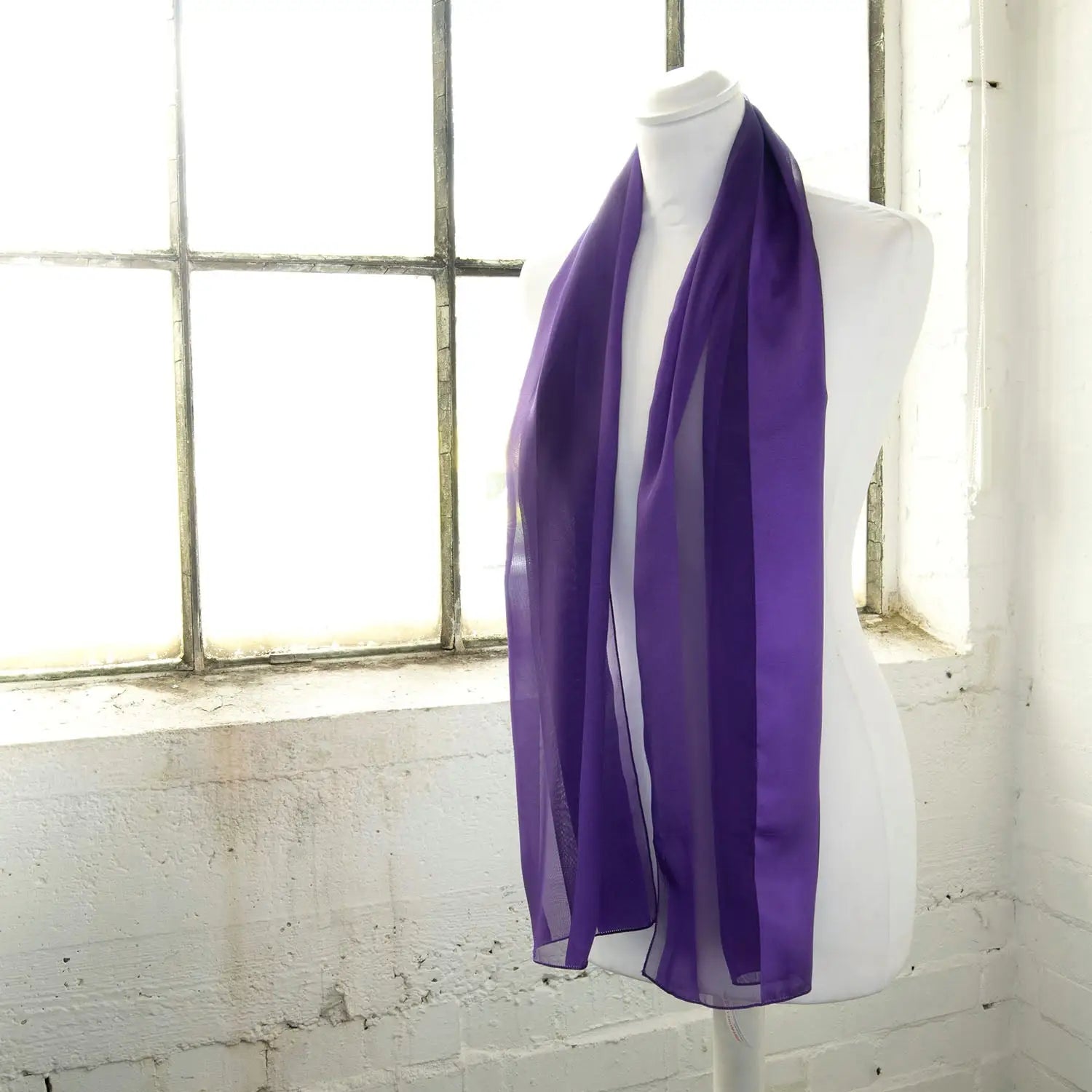 Purple satin stripe scarf displayed on mannequin - Solid Shimmering Satin Stripe Scarf - Lightweight.